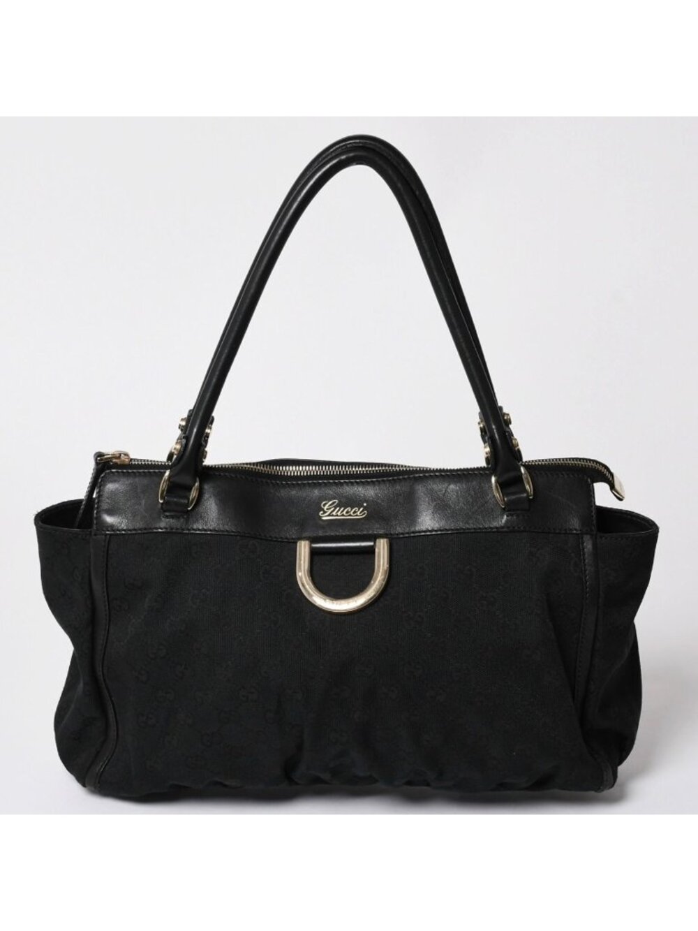 Gucci GG Canvas Tote Shoulder Bag Large Leather Black